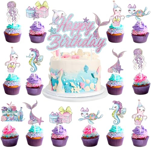 17 Pieces Mermaid Cake Toppers, DIY Mermaid Theme Cupcake Toppers, Mermaid Doll Cake Topper, Under the Sea Party Supplies Cake Decoration, Ocean Theme Cake Toppers, for Girls Children's Birthday
