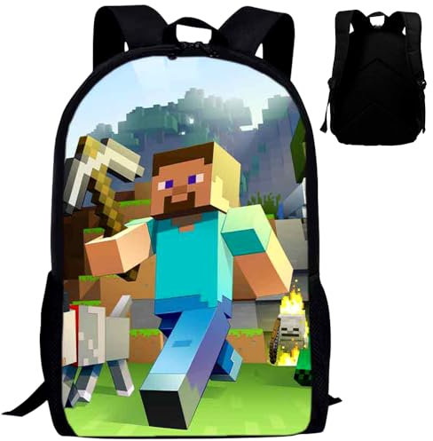 Minnecraft Rucksäcke,Kinderrucksack 3D Gedruckte Schulrucksack Cartoon Kinderrucksäcke Cartoon Tasche Kindergarten Schultasche Anime Rucksäcke Wasserdicht Daypack für Kinder Geschenk(44x28x13cm)