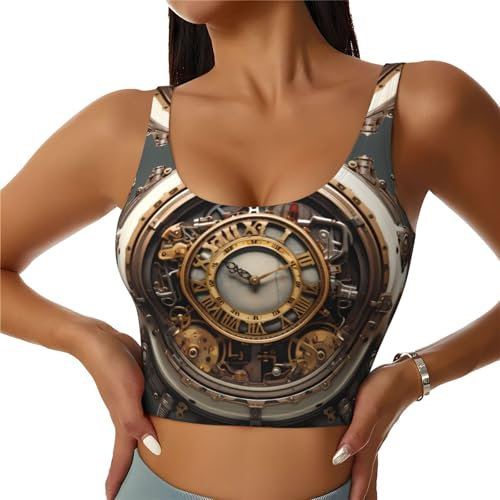 WHJYYXDE Sujetador deportivo de calidad para mujer, chaleco deportivo elástico, camiseta sin mangas para yoga, camiseta sin mangas y estampado de reloj steampunk, Negro, XXL/3XL