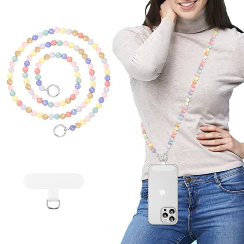 MoKo Universal Phone Lanyard, Pearl Beaded Cell Phone Chain Crossbody Strap Anti-Theft Detachable Women Cellphone Lanyards Around The Neck with Patches for iPhone, Most Smartphones - Decagonal Flower
