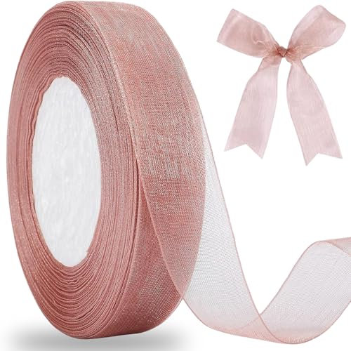 20mm Rose Pink and Gold Organza Ribbon - 45m Sheer Chiffon Fabric for Gift Wrapping, Christmas Wedding Party Decorations and DIY Bows Crafts