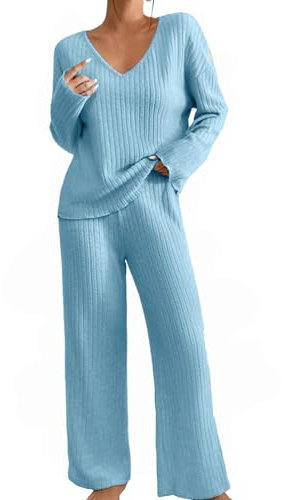 Ensemble Femme Chic et Elegant Pyjama à Manches Longue 2 Pièces Pantalon à Taille Élastique Haut Tricot Vêtement de Nuit Doux Vêtement d'Intérieur Sleepwear Grande Taille Pyjama Femme Hiver (Blue, M)