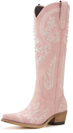 Western Cowboy Boots for Women Embroidered Rhinestones Knee High Cowgirl Boots Pointed Toe Chunky Heel Fashion Retro Classic Tall Boot, Pink, 5 UK