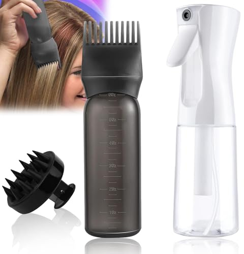 WPPQWP Hair Spray, 170 ml Hair Oil Applicator Bottle with Brush, 200 ml Refillable Water Mist and Scalp Massage Brush for Colouring and Styling (White, Black)