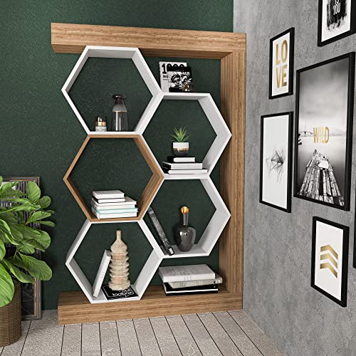 Modern Bookshelf, White & Walnut, 90 x 24.6 x 140 cm | 100% Melamine Coated Particle Board, 18 mm Thick | Stylish Storage for Home & Office