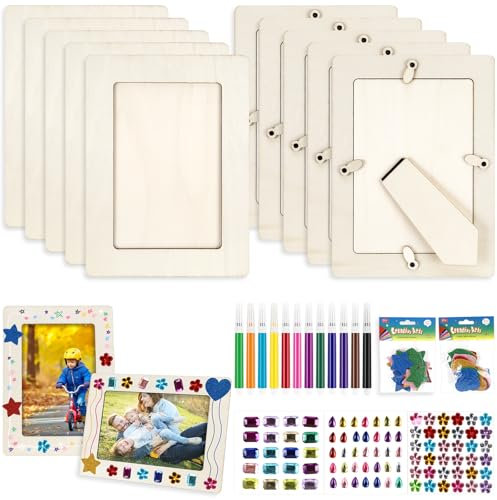 Ledebouk 10 Piezas Marco de Foto Decoración, 15cm x 20cm Marcos de Madera para Manualidades, con 3 Pegatinas, Natural DIY Marco Fotos, Creativos Marcos para Cuadros para Dibujos Niños Adultos