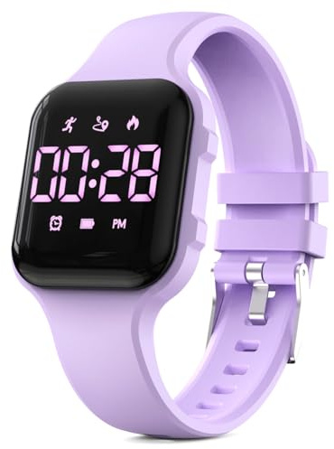 LED Kinder Multifunktions Schrittzähler Uhr Digitaluhr Kinder Schrittzähler Uhr Stoppuhr Wecker Kalorien für Frauen Kinder Mädchen Jungen (Violett)