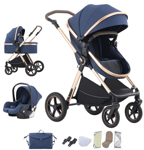 Mobayta kinderwagen 3 in 1 Kombikinderwagen für Neugeborene robustes leichtes Aluminiumgestell geeignet bis 22KG hochgestellter Kinderwagen vielseitig und praktisch Buggys (D2-BLUE, H2-D)