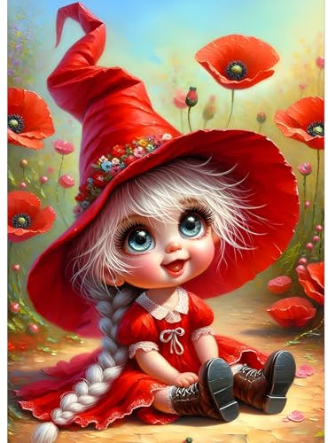 GDYEEH Große Augen Elfe Diamond Painting Erwachsene, 5D MohnBlumen Diamant Kunst Bilder Anfänger, DIY Runder Vollbohrer Elfe Diamanten Malerei Stickerei Kreuzstich Geschenke Home Wand Dekor 30x40cm