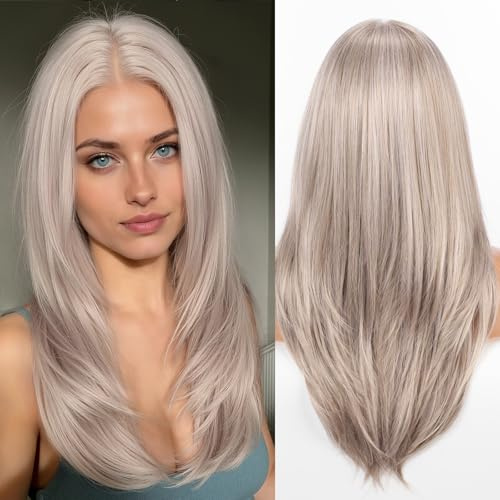 testar Perruque frontale en dentelle 13x6 Blond Cendré Clair pour femmes,dentelle HD transparente,24 pouces,cheveux raides à couches naturelles,perruque sans colle en fibre synthétique