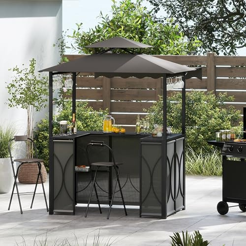 GOPLUS 4 Pcs Ensemble Salon de Bar, Abri Barbecue Jardin Exterieur avec Auvent Latéral, Table de Bar, 2 Tabourets Pliants, Crochet et 4 Rangées Porte-Verres (Gris|Auvent|Chaises)