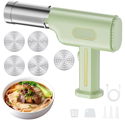 2600mAh Handheld Electric Pasta Maker,Machine Stainless Steel Portable Automatic Pasta Maker,Cordless Noodle Machine with 5 Pasta Moulds, 3 Enema Moulds,Spatula and Measuring Cup