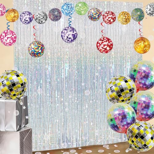 Discokugel Party Luftschlangen Lametta Vorhang Silber Glitzer Set | mit Discokugel Wirbel Deko 70er 80er 90er Jahre DiscokugelHängende Spiralen für Neujahr, Geburtstage, Hochzeiten, Bälle