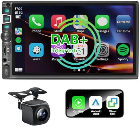 7 Zoll Doppel Din Autoradio mit drahtlosem CarPlay & Android Auto, Bluetooth, Full-Touch-Autoradio-Display FM, DAB+ und Mikrofonunterstützung Rückfahrkamera