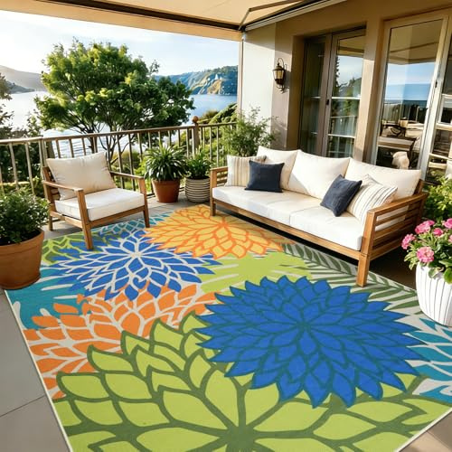Homcomodar Outdoor Rug 160x230cm Jute Rugs Living Room Washable Indoor Outdoor Rug Living Room Non-Slip Flower Garden Rug for Patio Balcony Deck Living Rooms Kitchen Bedroom(Colorful