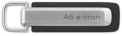Audi 3182500600 Schlüsselanhänger Metall Leder Anhänger Schlüsselring Keyring Gravur, mit A6 e-tron Schriftzug und Audi Ringe Logo, silber/schwarz
