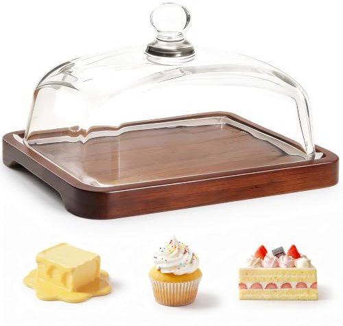 Butter Dish with Lid, Glass-Covered Butter Tray, Wooden Butter Plate