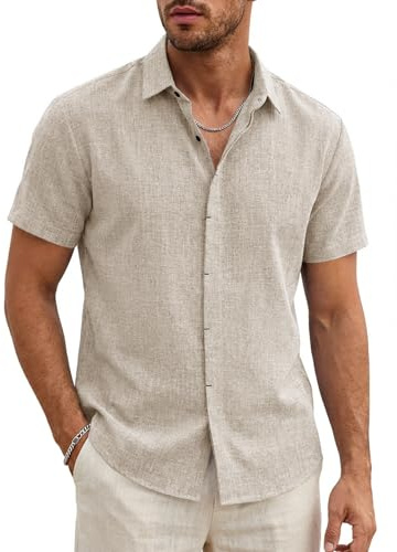Runcati Chemise d'été légère à manches courtes pour homme - Coupe droite - En lin - Pour mariage, affaires, plage - Décontractée - Couleur unie, Kaki clair, XL