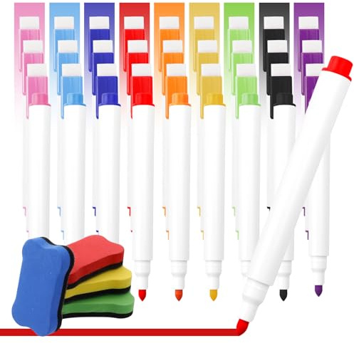 MAIJIAJU 32 Stück Whiteboard Marker Magnetische, 9 Farbe Whiteboard Stifte Abwischba mit 4 Stück Schwamm Magnetisch, Folienstift mit Feiner Spitze Tafelstifte Abwischbar für Büro Schule Zuhause Usw