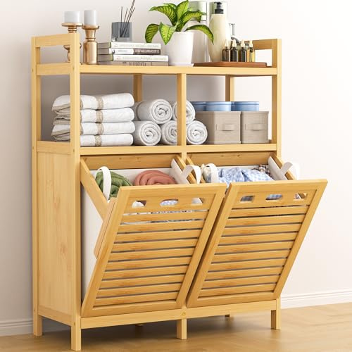 VASMIA Armadietto Bagno con Cesto per il Bucato, Bambù Mobile da Bagno, con 2 Ripiani, con 2 Sacchetti per il Bucato Estraibili (2 * 38 L), per Bagno, Camera da Letto, Lavanderia, Naturale
