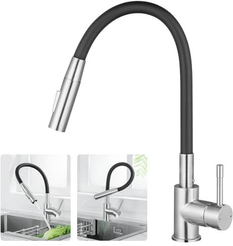 CECIPA Robinet de Cuisine Flexible Brossé Noir, Mitigeur Cuisine Rotation 360° avec 2 Types de Jet, Mitigeur Monotrou Haute Pression Anti-éclaboussures, 2 Flexibles G3/8