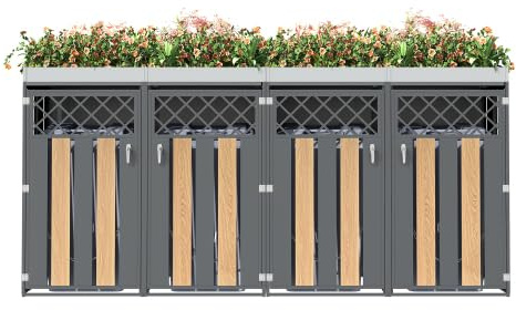 Cache-poubelles à 4 compartiments avec bac à plantes, verrouillable avec serrure à poubelles, revêtement résistant aux intempéries, en métal aspect bois, 4 compartiments (120-240 l) avec ventilation
