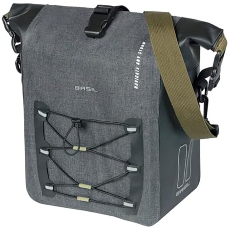Basil Fahrrad Einzeltasche M MIK Hooks – 12–15L – Tarpaulin/Polyester – Wasserdicht IPX3 – Rolltop-Verschluss – Kompressions-Vortasche – Reflektierend – Abnehmbarer Schultergurt – Schwarz
