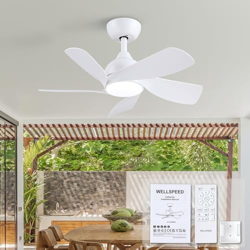 Wellspeed 30 Inch Small White Ceiling Fans with Lights and Remote | Noiseless LED Dimmable 6 Speeds Sleep Mode Timer Ceiling Fan for Bedroom Living Room Kitchen Indoor/Outdoor Patio