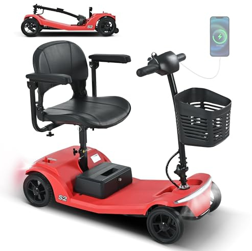 Elektromobil für Senioren | Kein Führerschein erforderlich, 136 kg Tragkraft, 15 km Reichweite | 4-Rad, klappbar leicht, herausnehmbarer Akku, USB & LED (Rot)