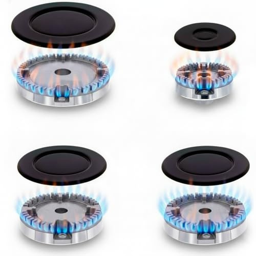 CABLEPELADO - Conjunto de 4 Quemadores y Tapetas para Cocina de Gas | Kit de Recambio Multimarca Compatible con Teka, Balay, Fagor, Bosch | 1 Grande, 2 Medianos, 1 Pequeño | Negro y Plata