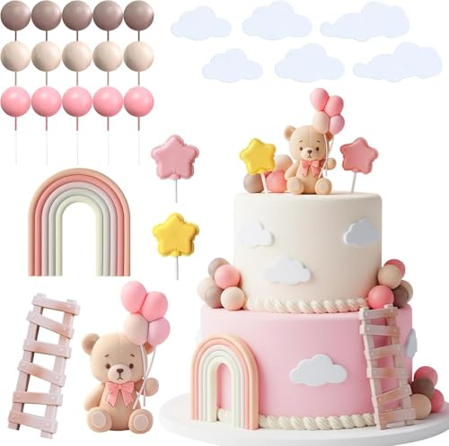 26 Stück Teddybär Tortendeko, Bären Kuchendeko mit Tortendeko Kugeln, Cake Topper Bär Leiter Regenbogen Sterne Wolken Torten Deko, Kuchen Topper Bär für Baby Shower Geburtstag Party Dekoration