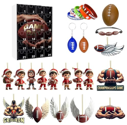 Rugby Adventskalender Weihnachten Countdown 24 Tage Set mit Acryl Anhänger Festliche Dekoration für Sportfans Überraschung (Black, 26.5x18.5x2.8cm)