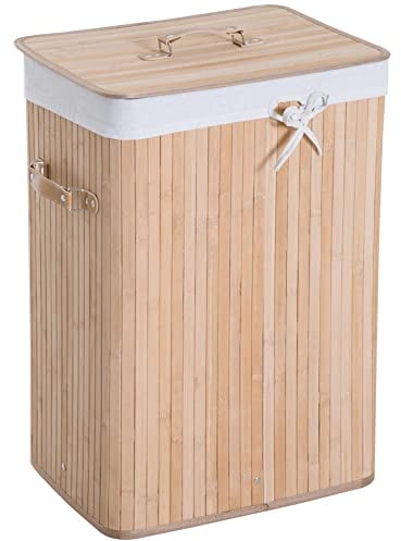 HOMCOM Cesto Portabiancheria in Bambù con Coperchio, Cestino per Biancheria con Sacco in Tessuto Rimovibile, 40x30x60cm, Naturale