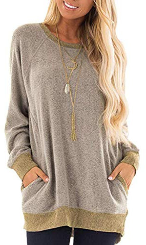 iChunhua Plain T Shirt Casual Sweatshirt Tunic Tops Women Plus Size Khaki XX-Large