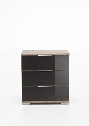 Beauty.Scouts Nachtschrank Lela 2 Nachtkonsole San Remo-Eiche NB+Glas grau (3 Schubkästen) 52x58x38cm Nachtkommode Schubladen Kommode Nachttisch Beistellschrank