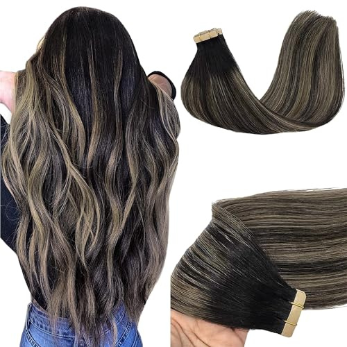 GOO GOO Tape Extensions Echthaar, 55cm 50g 20 Stk., #1B/19/1B Balayage | Naturschwarz Gemischt Hellblond, Remy Echthaar, Seidig Weich, Verfilzungsfrei, Unsichtbare, Starker Halt, Langlebig