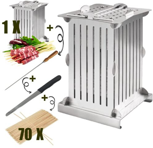 Kit Cubo Arrosticini Spiedini 56 Pezzi in Acciaio Inox – Completo con Coltello + 70 Stecconi – Macchina per Arrosticini, Kebab, Souvlaki – Smontabile e Facile da Pulire.