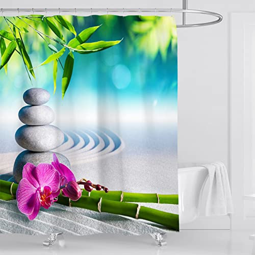 OCEUMACO Duschvorhang 240x200 Zen Shower Curtains Textil Antischimmel Wasserdicht 3D Orchidee Bambus Duschvorhänge Badewanne Stoff aus Polyester Waschbar Vorhang mit Ringe - Grau Grün