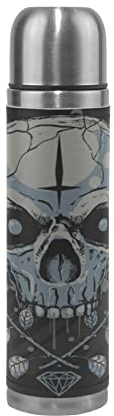 KAAVIYO Totenkopf Skelett Schwarz Weiß Sport Wasserflasche Edelstahl Trinkflasche Thermoflasche Thermoskanne 500 ml Auslaufsichere Flasche Leder Verpackung Sportflasch