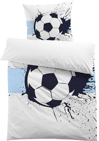 MUSOLEI Fussball Bettwäsche 135x200 Jungen Mikrofaser-Polyester 2-teilige Kinderbettwäsche Fussball 3D Druck für Jungen Fußball Bettbezug 135x200 und 1 Kissenbezug 80x80cm Kinder, blau