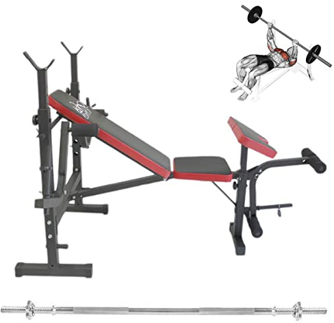 Multifunktionsbank Dip Station mit Langhantelstange 180 cm, Gewichtsbank mit verstellbarem Kniebeugen-Rack, Fitness-Station
