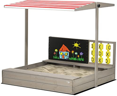 Outsunny Kids Wooden Sand Pit, Children Sandbox w/Non-Woven Fabric, Two Seats, Canopy, for Gardens, Playgrounds - Grey