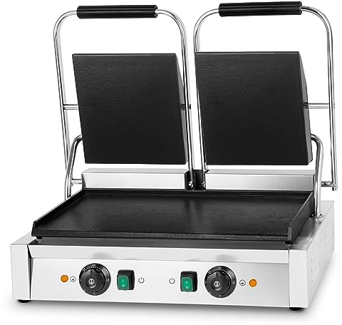 VERTES Gril de Contact Double, Plaque de Cuisson en Fonte Plate, 3600W Gastronomie Multigrill pour Panini, Galette, Viande, Légume, Sandwich, Boîtier en Acier Inox, Réglable de 0-300°C, Anti-Adhérent