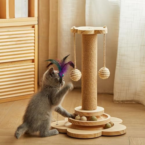 Whemyreat Juguete rascador para Gatos, Poste rascador Interactivo con sisal Natural, Bolas de Seguimiento de Madera, rascador de Garras para Interiores con Cuerda de sisal Natural de
