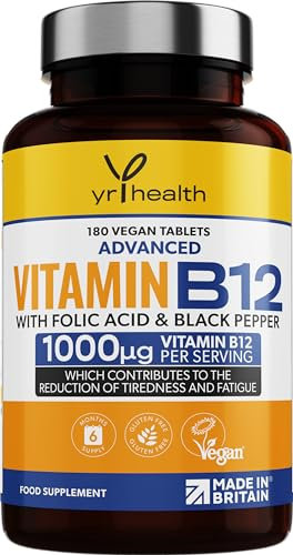 Vegan Vitamin B12 Tablets 1000mcg Methylcobalamin High Strength with Added Folic Acid & Black Pepper - 180 Tablets (6 Month Supply) - Reduction of Tiredness & Fatigue - Made in The UK by YrHealth