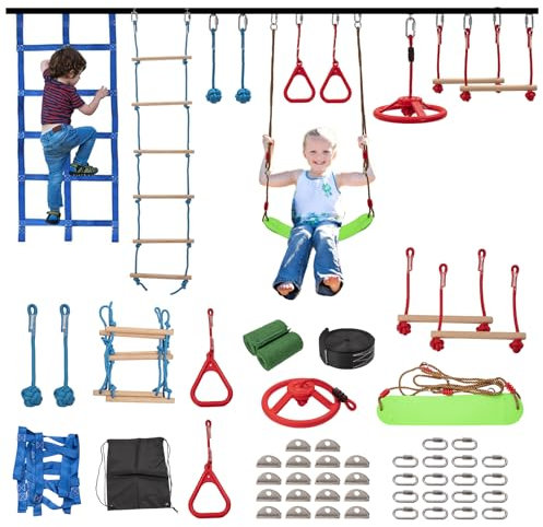 60FT Ninja Warrior Obstacle Course (10 Obstacles), Ninja Slackline Kit for Kids, Durable Playset Equipment with 10 Complete Set-Monkey Bar,Swing, Climbing Ladder & Net
