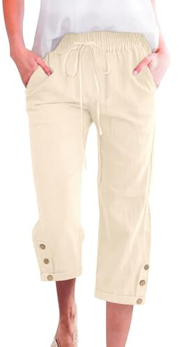 Voqeen Womens Cropped Trousers with Elasticated Waist Summer Cotton Capri Pants for Ladies 3/4 Length Trousers Lightweight with Pockets Casual Work Beach Pants Beige