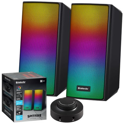 Defender® Altavoz de sobremesa para PC, portátil, juego de altavoces con alimentación USB, Bluetooth de 5,2 o 3,5 mm AUX jack, HiFi estéreo con 6 modos LED de colores, altavoz para videojuegos, color