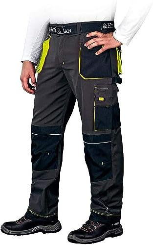 Leber & Hollman Herren Arbeitshose LH-FMN-T B, 65% Polyester 35% Baumwolle 270 g/m2, Bundhose mit Taschen für Knieschoner, 9 Multifunktionstaschen+ Schlaufe und Schlüsselhaken, Grau-Schwarz-Gelb, 56