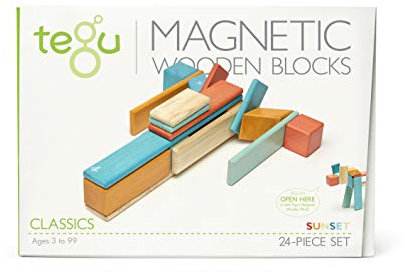 TEGU 5700389 Holzbausteine magnetisch, 24-teiliges Set, Orange-Blau, Holzspielzeug für Kinder ab 12 Monaten